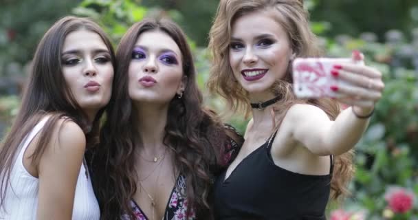 Chicas hermosas y de moda haciendo autorretrato en el teléfono inteligente . — Vídeos de Stock