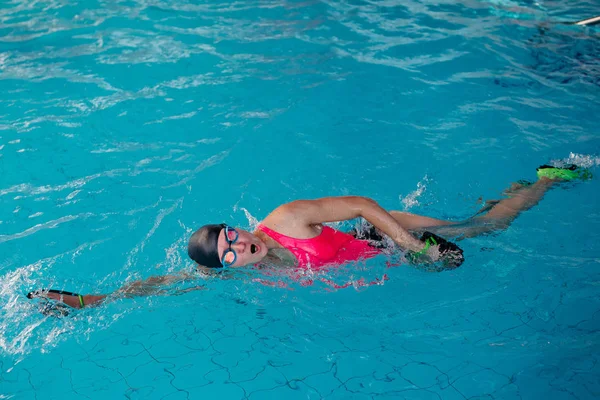 Female in pink swimwear swimming in blue water pool.