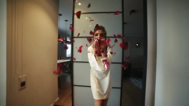 Hermosa y de moda mujer soplando confeti rojo en la cámara por las manos . — Vídeo de stock