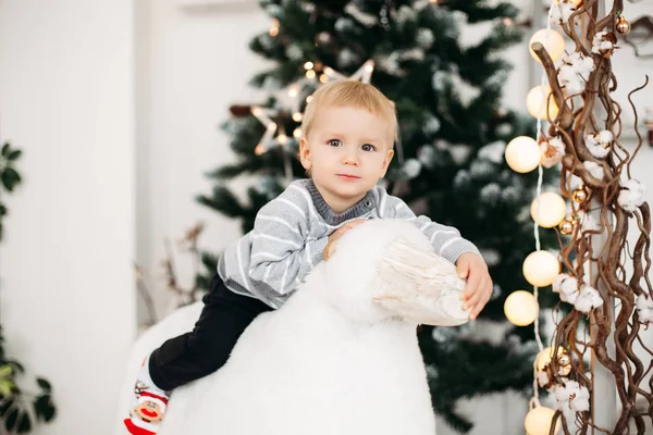 Sonriente niño sentado en un juguete grande y mirando a la cámara en el estudio —  Fotos de Stock