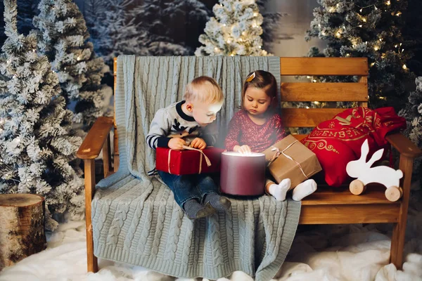 Двоє маленьких дітей грають з Різдвом біля прикрас та ялинки . — стокове фото