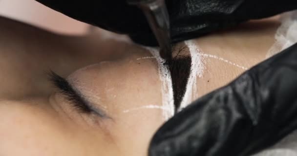Master permanente del tatuaggio che applica la tinta sul sopracciglio del cliente . — Video Stock