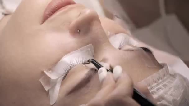 Lash maker realizando procedimento de extensão de pestanas para mulher jovem . — Vídeo de Stock