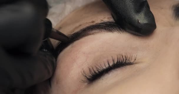 Kosmetolog, specialist av permanent make-up att göra eyeliner permanent göra upp — Stockvideo