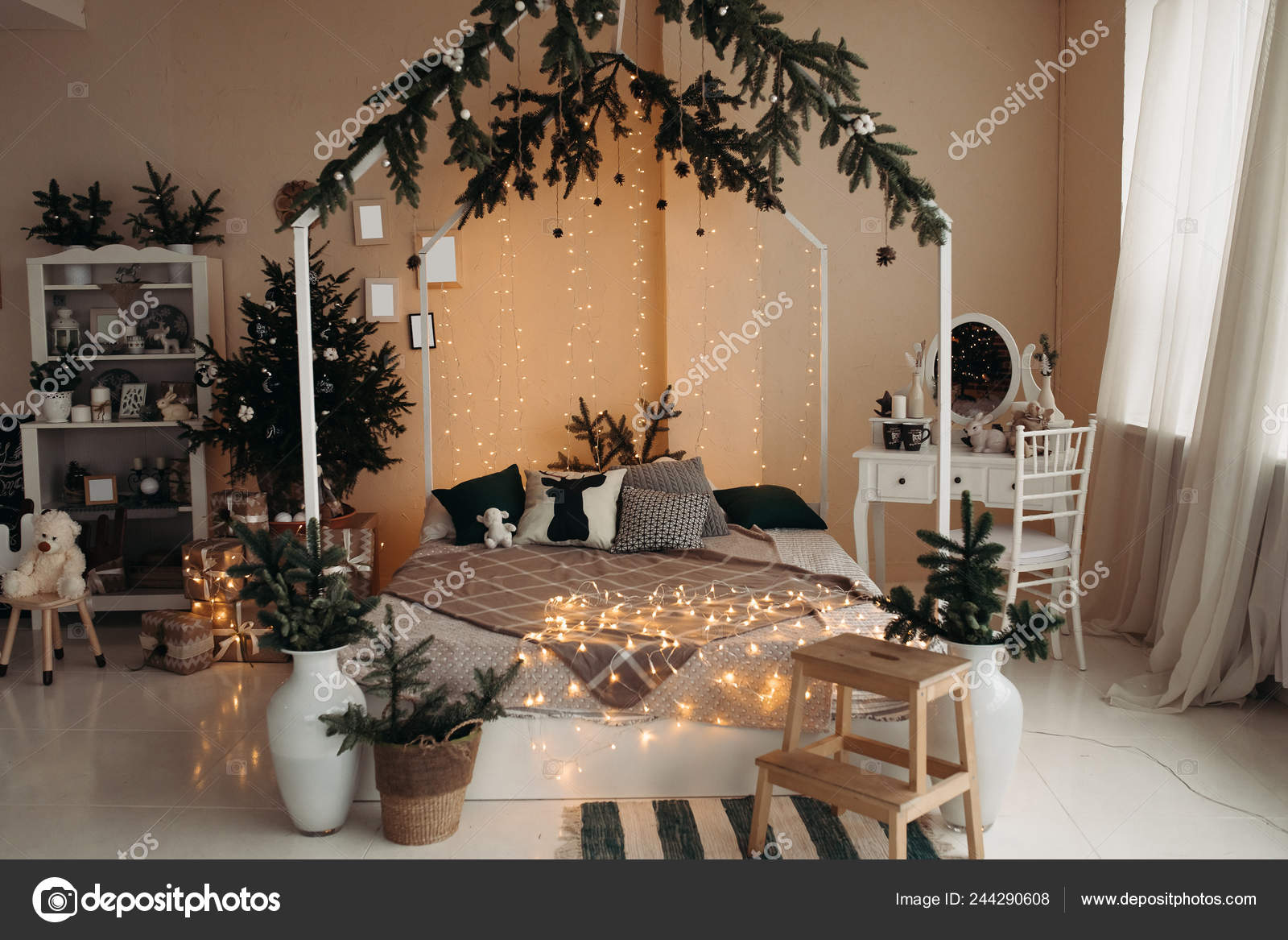 Stylish apartment decorated with fir.Christmas concept. Christmas ...