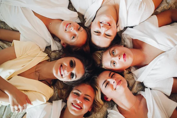 Beautiful and positive bide mades having fun on hen party. — Stock Photo, Image