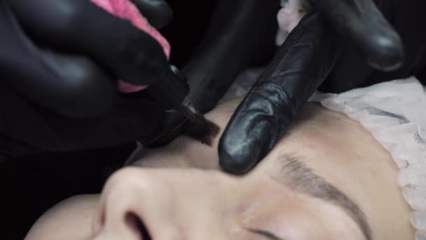 Master professionale del tatuaggio che applica il trucco permanente delle sopracciglia . — Video Stock