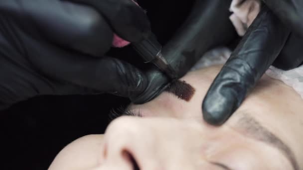 Professional tattoo master applying permanent make-up of eyebrows. — Stock Video