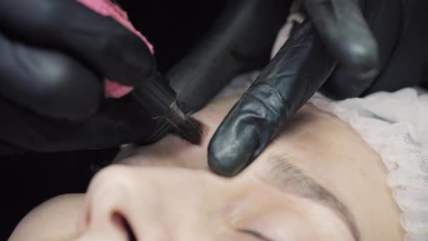 Maquillaje permanente. Tatuaje permanente de cejas. Cosmetólogo aplicando maquillaje permanente en las cejas tatuaje de cejas — Vídeos de Stock