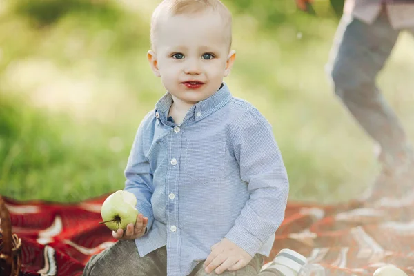 小时尚金发男孩的肖像之间的草和举行苹果. — 图库照片