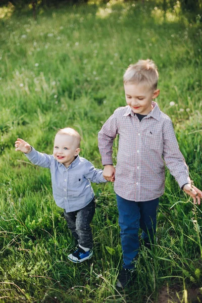 两个快乐的小兄弟穿着牛仔裤和格子衬衫走在公园里. — 图库照片