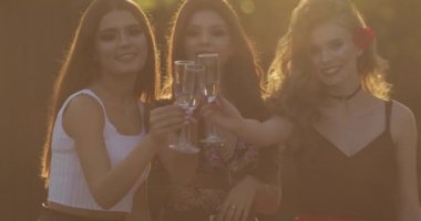 Güneş ışığı altında yaz parkta şampanya içmek üç güzel kız.