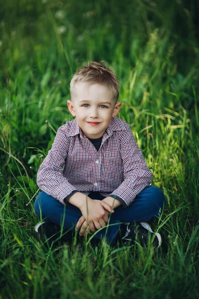 Şık sarışın küçük çocuk arasında çim parkta oturmuş portre. — Stok fotoğraf
