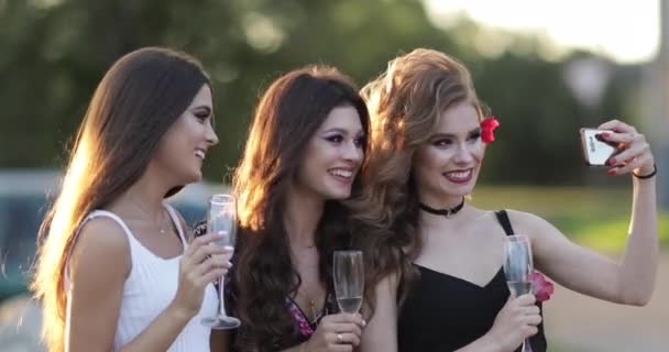 Krásní šťastní přátelé se scházejí na večírku a fotní. — Stock video