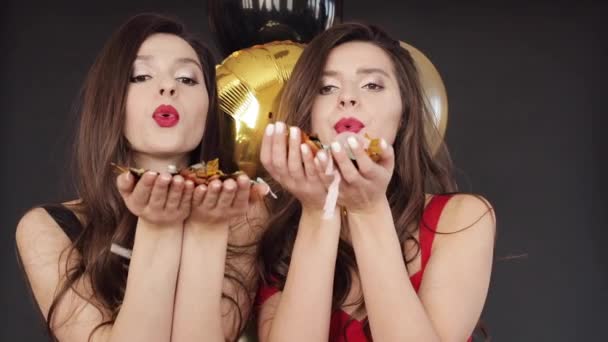 Dos atractivo hermanas dando aire beso a cámara — Vídeo de stock