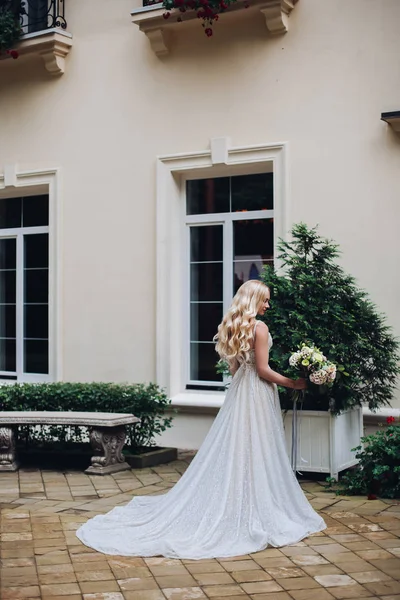 結婚式のボケでポーズ長いウェディングドレスで美しい花嫁のバックビュー. — ストック写真