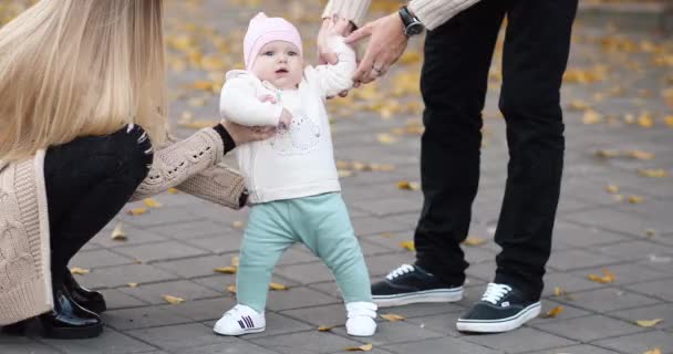 Mutlu bebek sonbahar parkında yürümeyi öğreniyor. — Stok video