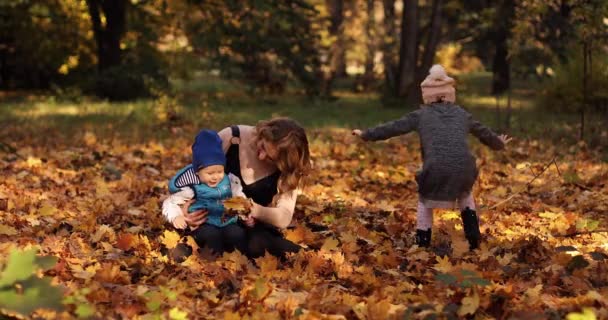 Wunderschöne junge Mutter mit zwei Kindern genießt sonnigen Herbsttag auf dem Laub. — Stockvideo