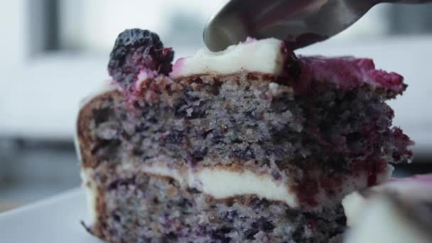 Selective focus of delicious cake with blackberries — Stock Video