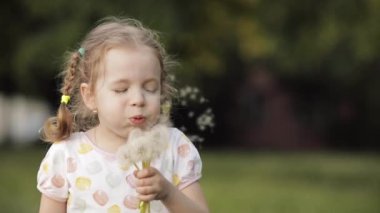 Yürürken karahindiba üfleme sevimli küçük kız