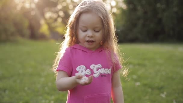 Смішна довгошерста дівчина дме пелюстки квітки з рук — стокове відео