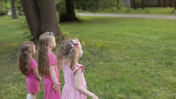 Šťastné holčičky, které hrají v zahradě a hrají bubliny — Stock video