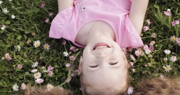 Primer plano sonriente niña linda acostada sobre hierba verde sosteniendo flores mirando a la cámara — Vídeos de Stock