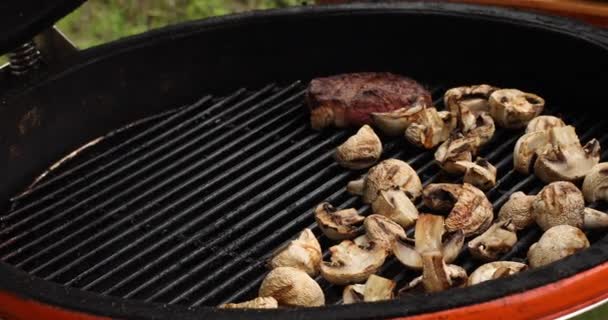 屋外バーベキューで新鮮な牛肉とシャンピニヨンスライスを食欲をそそるクローズアップ調理 — ストック動画