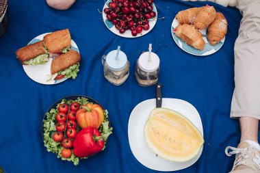 Battaniyenin üzerinde piknik olan bir aile. limonata ile ev yapımı kruvasan ve sandviç. Adam sarı bir karpuz kesiyor..