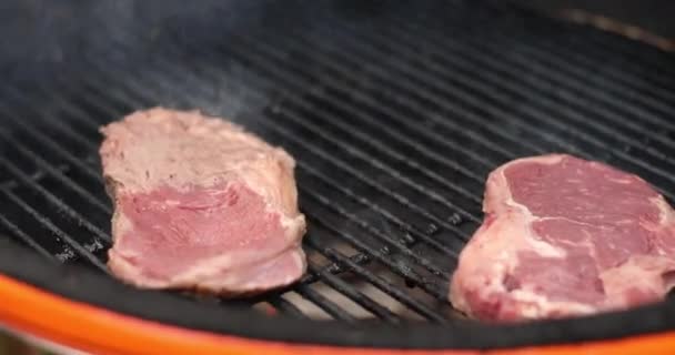 Close-up male hand holding forceps turning raw fresh meat piece making barbeque — Stock Video