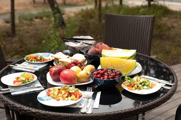 屋外で夏のピクニック。サラダを皿に盛る. — ストック写真