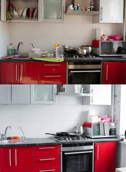 Pequena cozinha típica com pratos sujos e desordem tiro completo — Fotografia de Stock