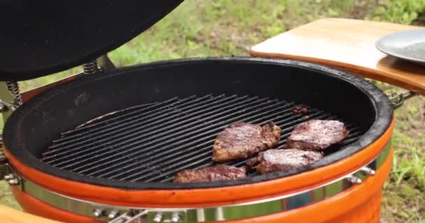 Oldalsó kilátás az ember a fekete kesztyű pörkölés pecsenyék a grill — Stock videók