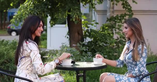 Due splendide donne spettegolano con una tazza di caffè . — Video Stock