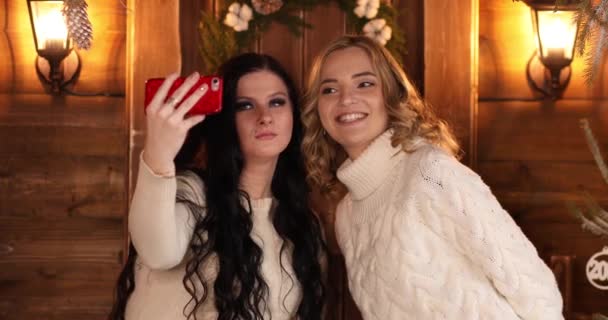 Beautiful girlfriends or sisters make a Christmas selfie. — Stock Video