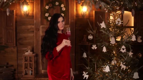 Portret van een vrouw in een rode jurk met een glas wijn. — Stockvideo