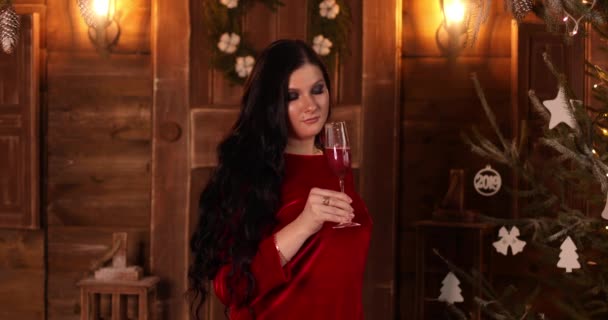 Bir kadeh şarapla kırmızı elbiseli bir kadının portresi. — Stok video