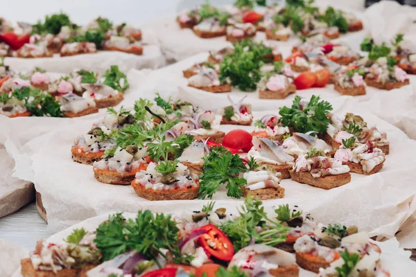 Tasty bruschetta with meat and parsley staying on table. — Stock Photo, Image