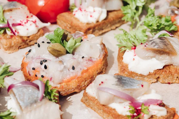 Delicious canapes with herring.Macro of delicious canape or sandwiches with fresh herring, black sesame, cream cheese on crispy bread. — Stock Photo, Image