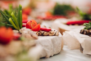 Ziyafette lezzetli aperatif. Tabak domates, yeşil soğan ve maydanoz gibi taze organik sebzeler ile dekore edilmiştir.