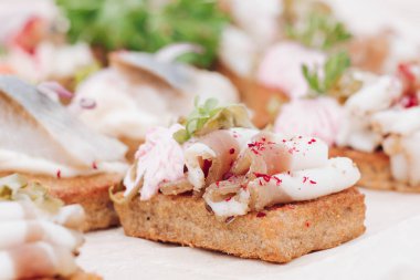 Yakın çekim yemeye hazır tabakta servis yapan pastırma dekorasyon yeşillikli iştah açıcı sandviç