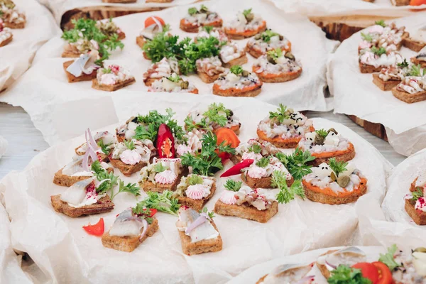 Tasty bruschetta with meat and parsley staying on table. — Stock Photo, Image