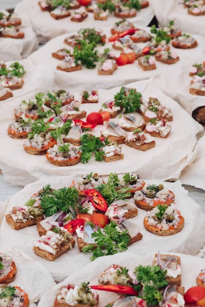 Tasty bruschetta with meat and parsley staying on table. — Stock Photo, Image