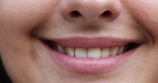 Smiling mouth in close-up. lips smiling in closeup. — Stock Video