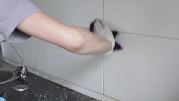 Dona de casa limpeza cozinha e arranhões pontos na superfície — Vídeo de Stock