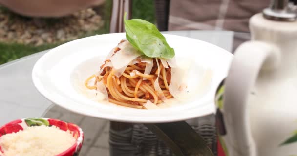 Deliziosa carbonara con formaggio e verde — Video Stock