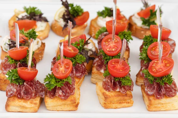 Close-up big plate with serving snack canapes fried bread tomato parsley and salami — Stock Photo, Image