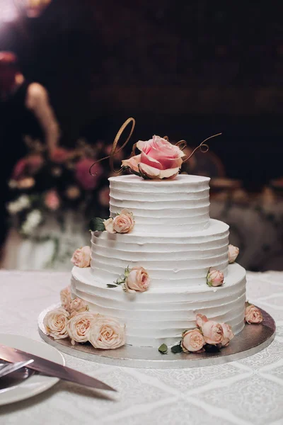 Appetizing beautiful big layered sweet wedding cake covered by white cream decorated dessert flower — Stock fotografie