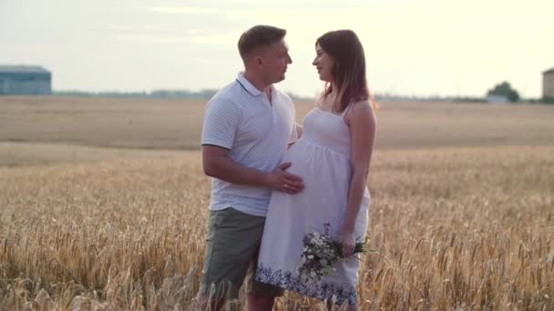 Portrait of young pregnant couple in field — ストック動画