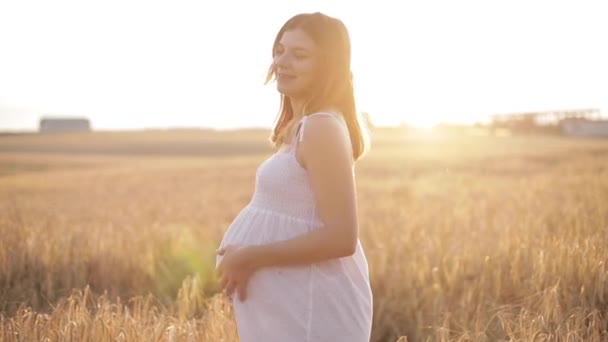 Schwangere brünette Frau im weißen Kleid auf dem Feld. — Stockvideo